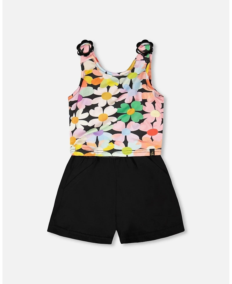 Draft - Deux par Toddler Girls Sleeveless Jersey Jumpsuit Printed Flowers