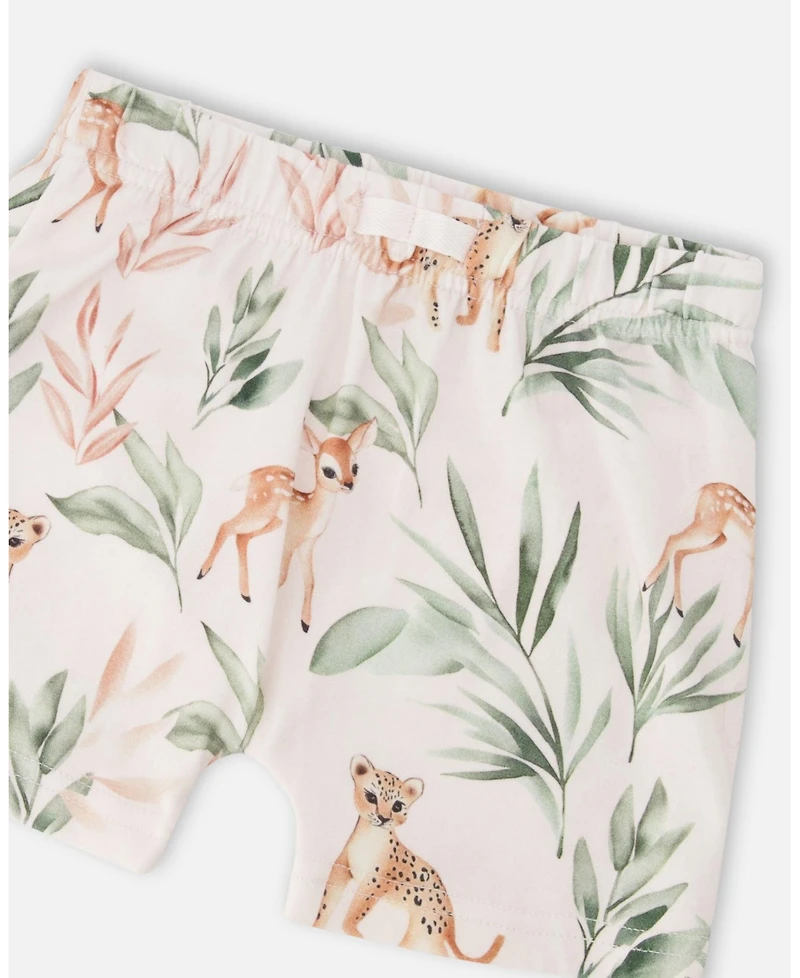 Deux par Baby Girls Pointelle Top and Cotton Jersey Short Set Green Peach Deer Print