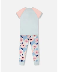 Deux par Baby Girls Cotton Two-Piece Pyjama Set Blue Smiling Flower Print