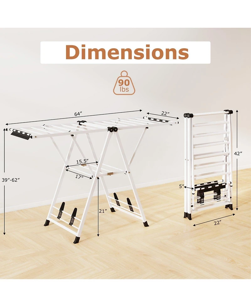 Ecooso 64" Clothes Drying Rack with Height-Adjustable Wings, Folding Laundry Rack