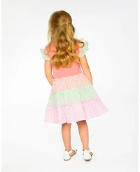 Deux par Big Girls Cotton Bi-Material Dress peach and Gingham