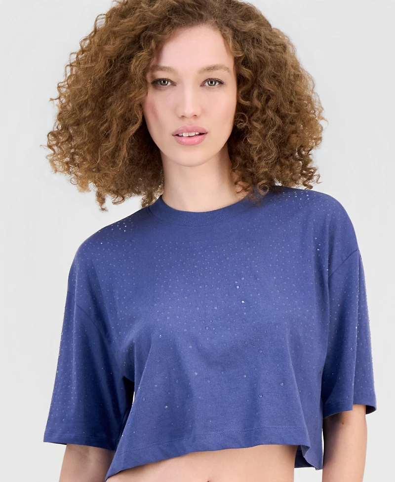 Guess Women's Rhinestone Embellished Crewneck Cropped T-Shirt