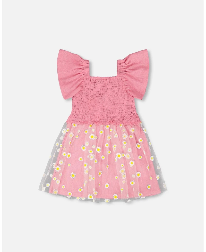 Deux par Big Girls Mesh and Crinkle Jersey Dress with Smocking Pink