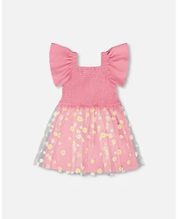 Deux par Big Girls Mesh and Crinkle Jersey Dress with Smocking Pink