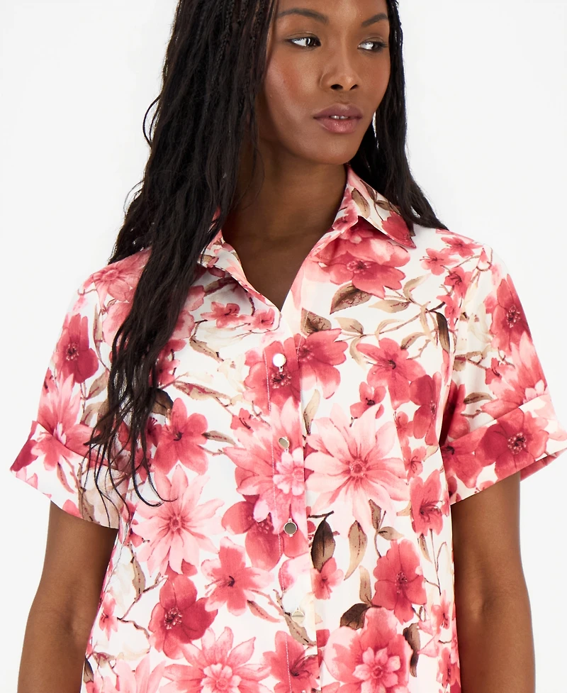 Anne Klein Essentials Petite Printed Short-Sleeve Button-Front Shirt