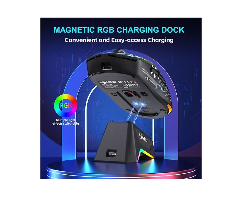 Risokeys Tri-Mode Wireless Gaming Mouse with Magnetic Rgb Charging Dock, 12000 Dpi, 650mAh Rechargeable, BT5.3+2.4G+Wired