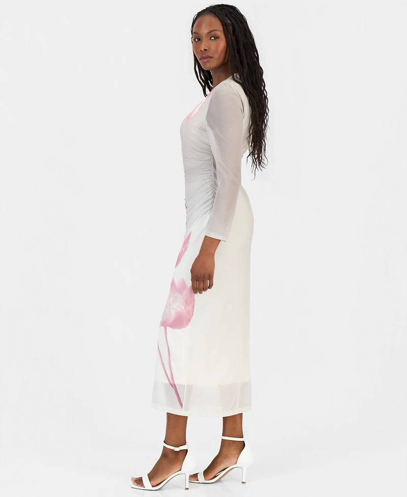 Anne Klein Petite Ruched Printed Mesh Midi Dress