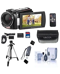 Minolta MN4K25NV 30MP 4K Ultra Hd 3" Touchscreen Camcorder with Night Vision, Black, Bundle with 3-Section Tripod, Usb 3.0 Card Reader, Cleaning
