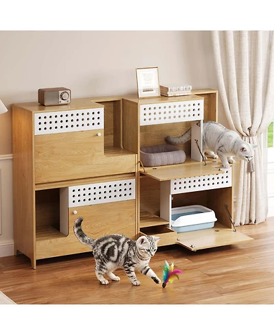 Aostirmotor Modern 2-in-1 Cat Furniture Set: Litter Box Enclosure & Cat House Side Table with Storage