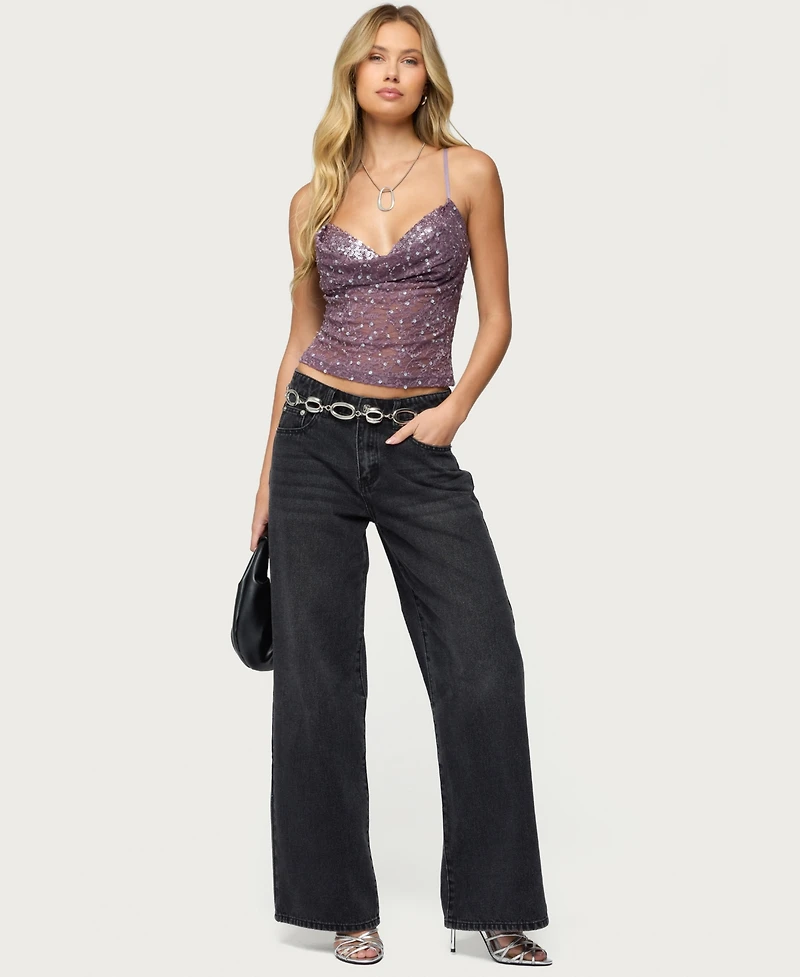 Edikted Women's Sequin Layered Bra Cowl Neck Top