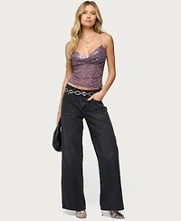 Edikted Women's Sequin Layered Bra Cowl Neck Top