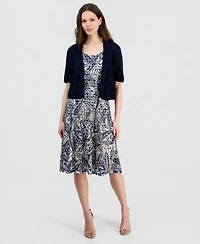 Robbie Bee Women's Printed Dress & Pointelle Shrug Set