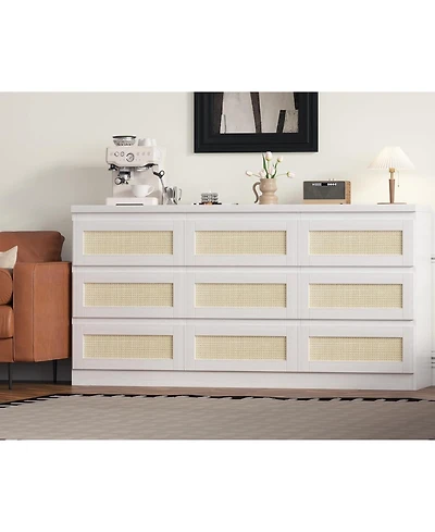 gaomon 9 Drawer Farmhouse Rattan Dresser with Charging Station, Sturdy Wooden Storage Organizer for Bedroom Closet Entryway