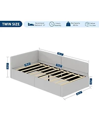 gaomon Twin Daybed with Bed Rails, Velvet Corner Bed Frame with Headboard, Modern Kids Bed with Guardrail for Living Room, Bedroom
