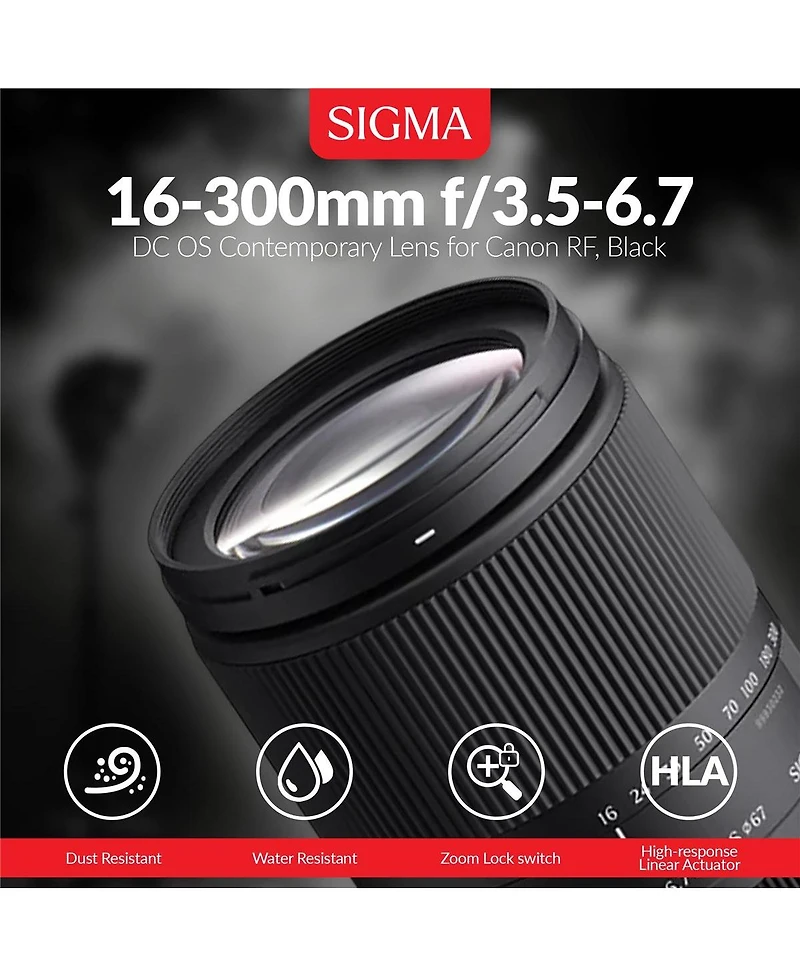 Sigma 16-300mm f/3.5-6.7 Dc Os Contemporary Lens for Canon Rf, Black Bundle with Universal Lens Cap Tether, Cleaning Kit, Software Kit for Pc, License