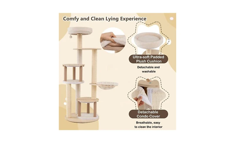 Aostirmotor Wood Cat Tree, 60-Inch Tall Multi-Level Tower with Sisal Scratching Posts & Condos, Sturdy Structure for Indoor Cats