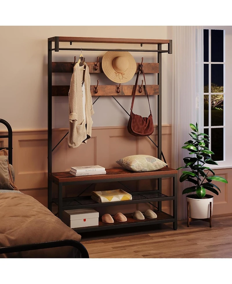 gaomon 72" Industrial Hall Tree with Shoe Bench, Storage Shelf & 8 Double Hooks for Entryway, Grey