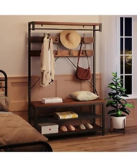 gaomon 72" Industrial Hall Tree with Shoe Bench, Storage Shelf & 8 Double Hooks for Entryway, Grey