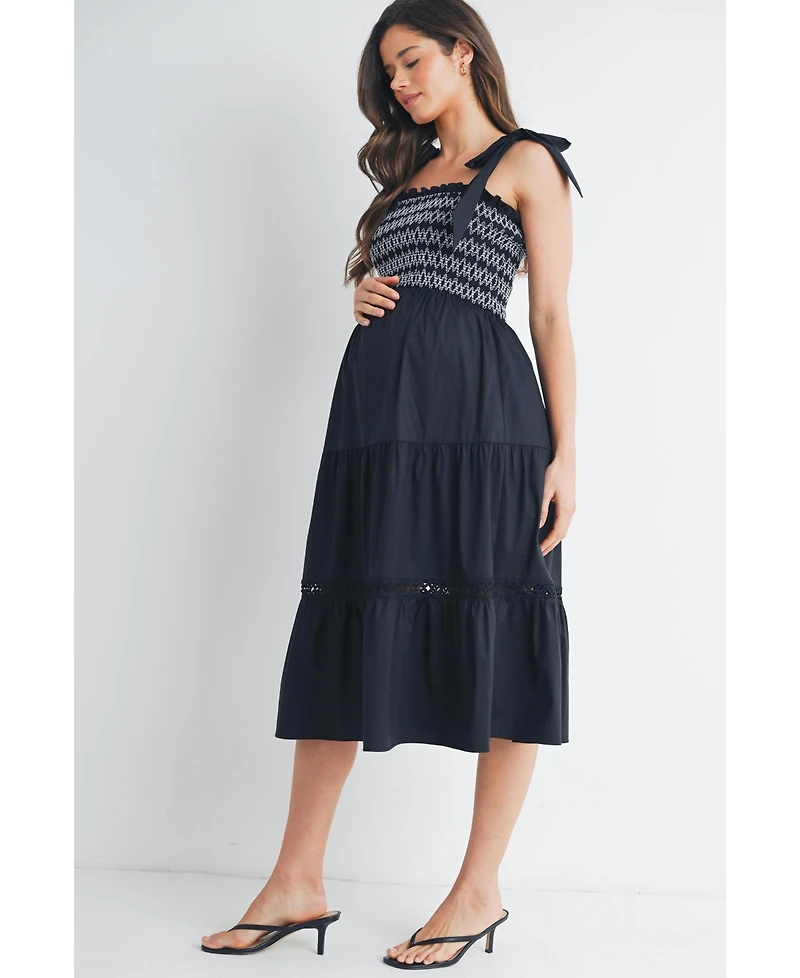 Hello Miz Maternity Smocked Empire Waist Midi Dress with Shoulder Ties