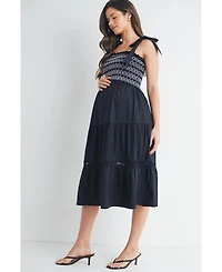 Hello Miz Maternity Smocked Empire Waist Midi Dress with Shoulder Ties