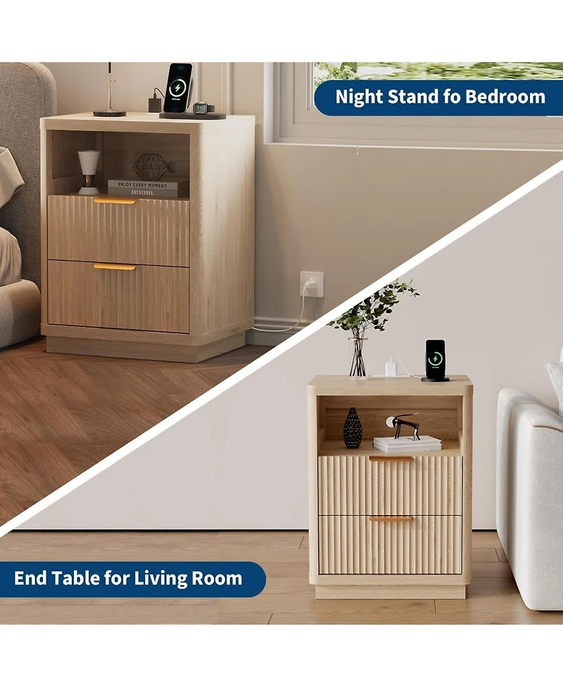 gaomon Fluted Nightstand with Charging Station, Mid Century Modern Fluted Nightstand
