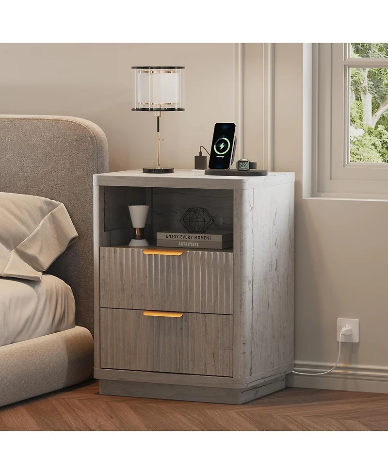 gaomon Fluted Nightstand with Charging Station, Mid Century Modern Nightstand