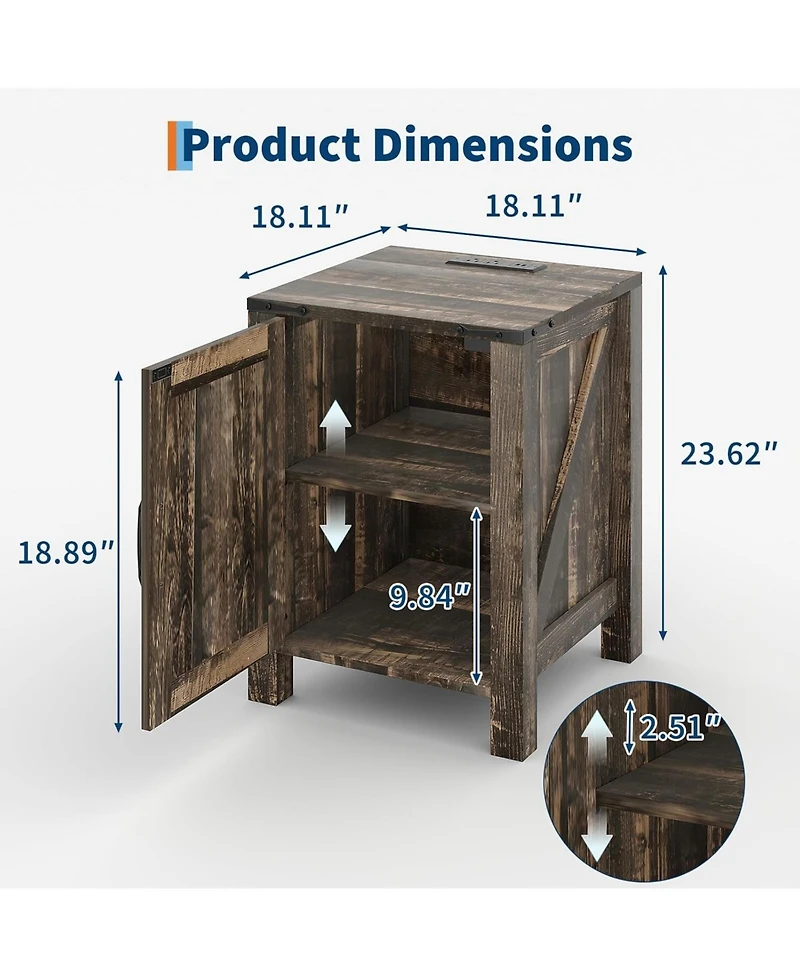 gaomon Rustic Farmhouse Nightstand with Charging Station, Barn Door & Adjustable Storage Shelf