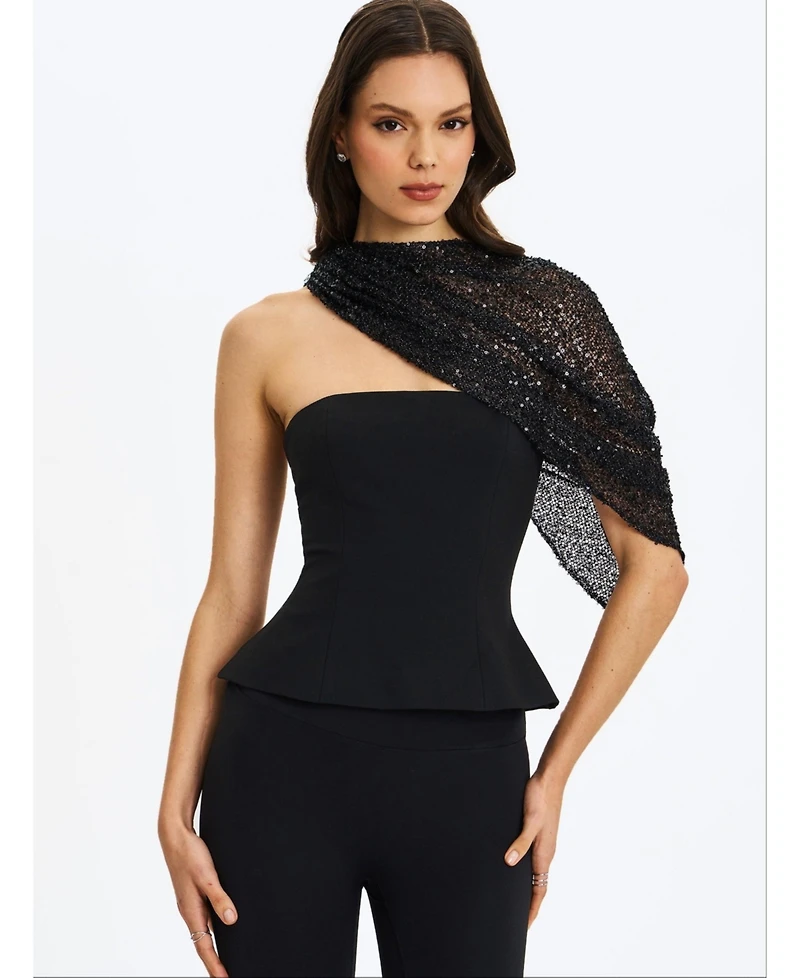 Miss Circle Women's Quinette Peplum Top with Beaded Asymmetrical Cape