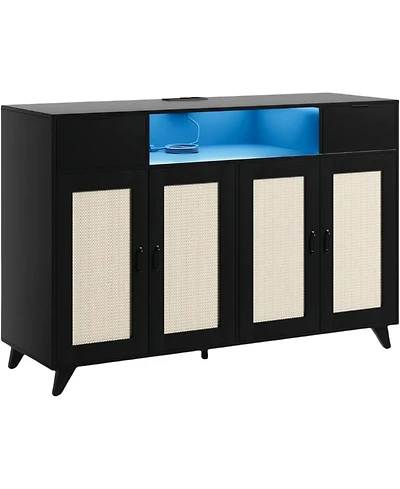 gaomon Rattan Sideboard Buffet Cabinet With Led Lights, 2 Drawers Doors Storage Cabinet, Modern Console Table Power Outlet & Adjustable Shelves
