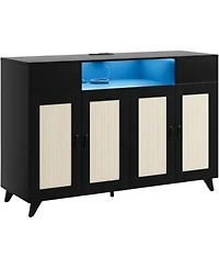 gaomon Rattan Sideboard Buffet Cabinet With Led Lights, 2 Drawers Doors Storage Cabinet, Modern Console Table Power Outlet & Adjustable Shelves