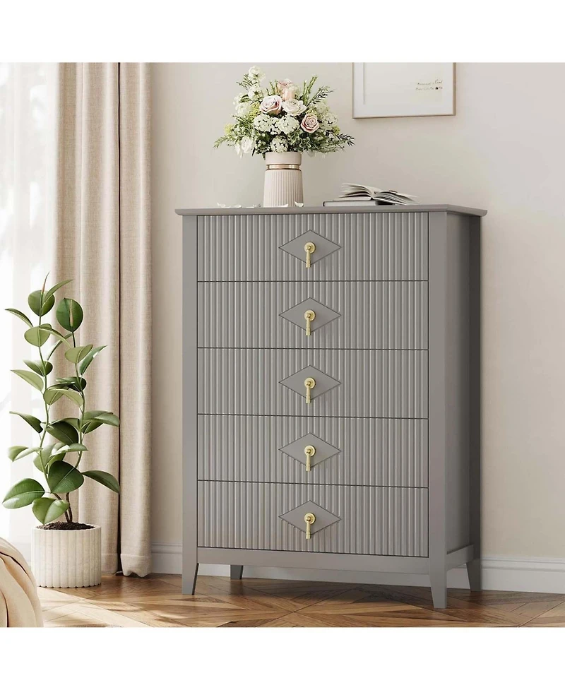 gaomon 47.2" Wide Fluted Dresser - 6-Drawer Chest with Metal Handles, Natural Wood for Bedroom