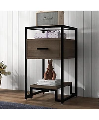gaomon Nightstand, Mid Century Modern End Table with Storage Drawer and 3-Tier Storage & Tempered Glass Top, Bedside Furniture with Steel Frame
