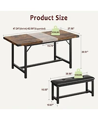 gaomon 3Pcs Dining Table Set for 4-6, 63" Extendable Thick Metal Frame Kitchen with 2 Upholstered Benches 6, Wooden Dinette