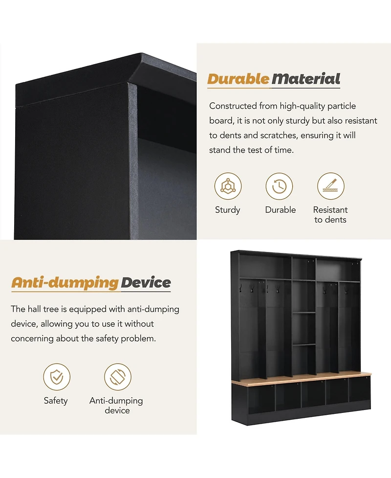 Clihome Wide Design Hall Tree with Storage Bench 8 Hooks for Entryway