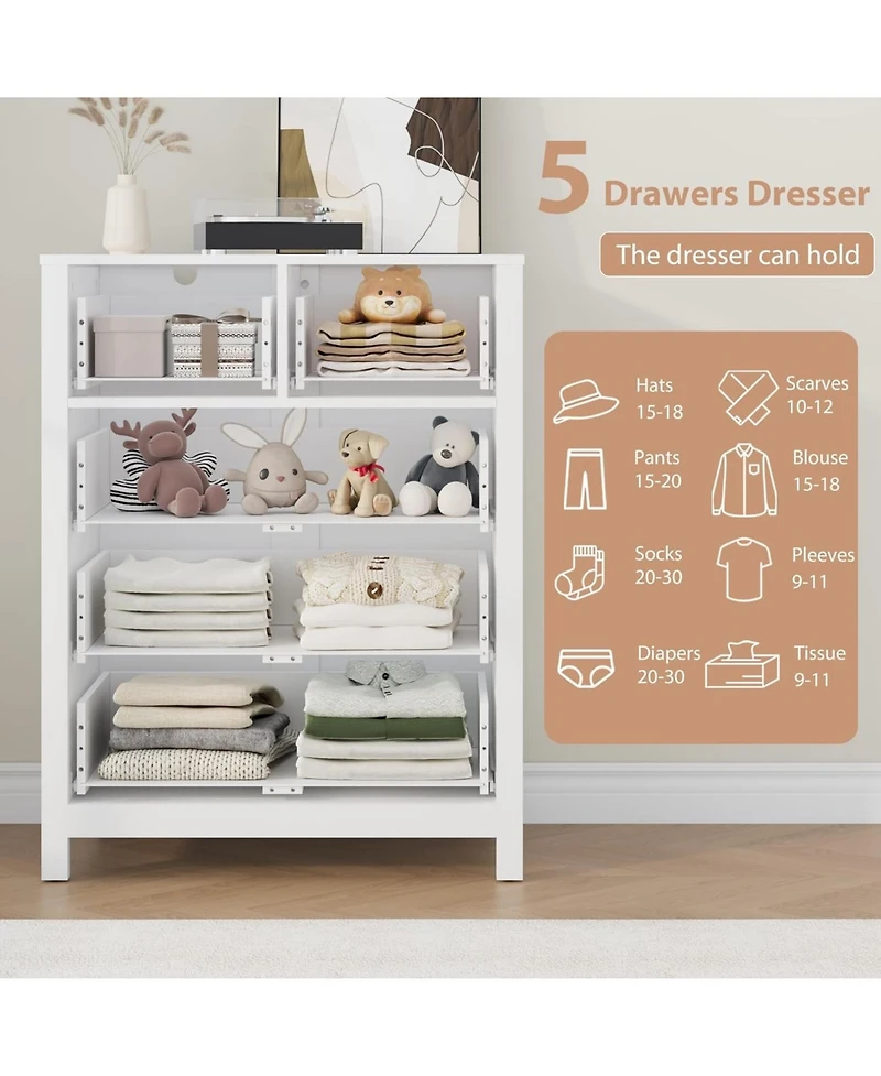 gaomon White 5 Drawer Dresser for Bedroom, Modern Tall Dresser Organizer with Storage Drawers, Wooden Chests of Drawers for Bedroom, Entryway, Hallway
