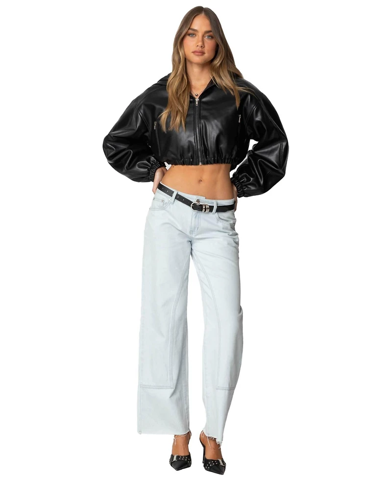 Edikted Women's Hooded Faux Leather Cropped Jacket