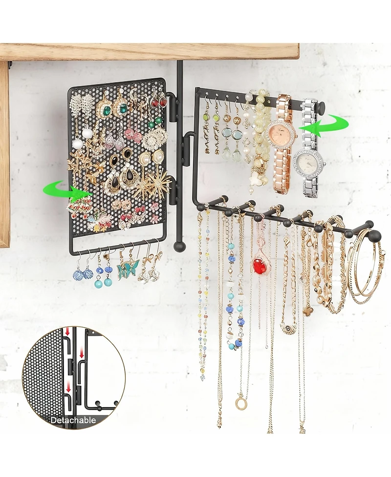 Yigii 4-in-1 Wall Hanging shelves: Wood Shelf, Ring Box, Peg Board, Rotating Necklace Rack