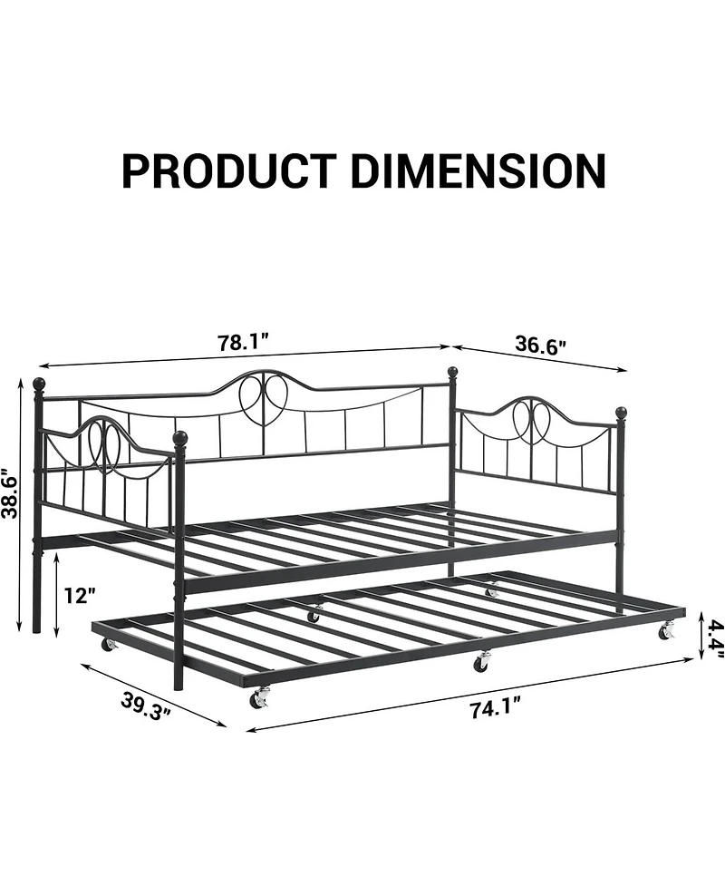 gaomon Modern Twin Daybed with Trundle and Backrest, Metal Sofa Bed Frame with Steel Slat Support and Art Sweet Heart Design,for Living Room