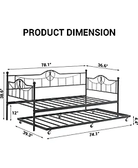 gaomon Modern Twin Daybed with Trundle and Backrest, Metal Sofa Bed Frame with Steel Slat Support and Art Sweet Heart Design,for Living Room