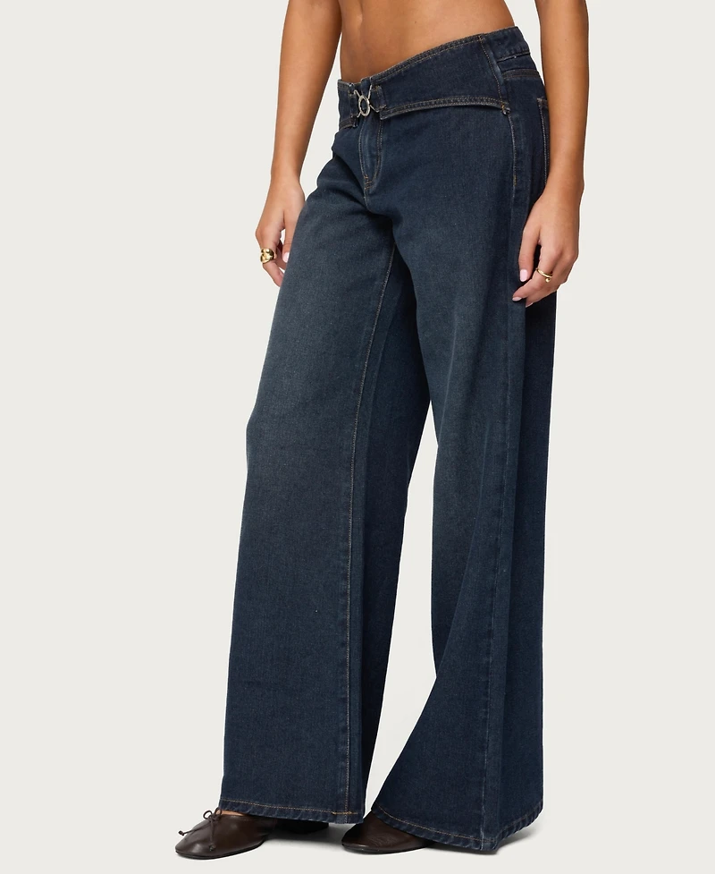 Edikted Women's Briah Belted Low Rise Wide Leg Jeans