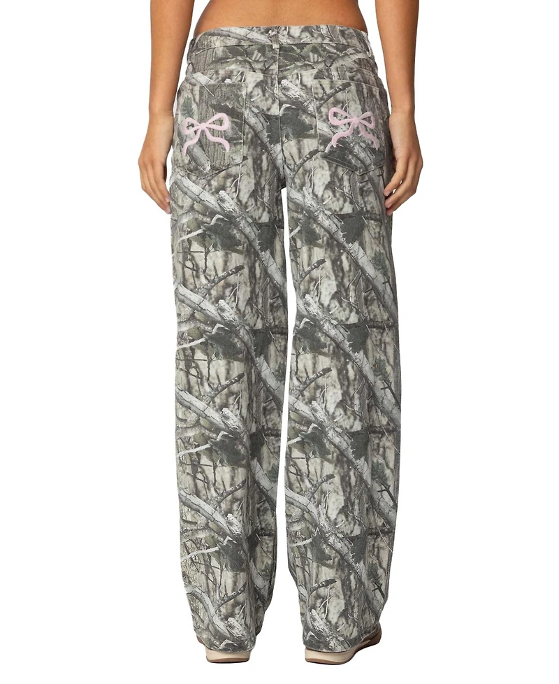 Edikted Women's Camo & Bow Low Rise Baggy Jeans