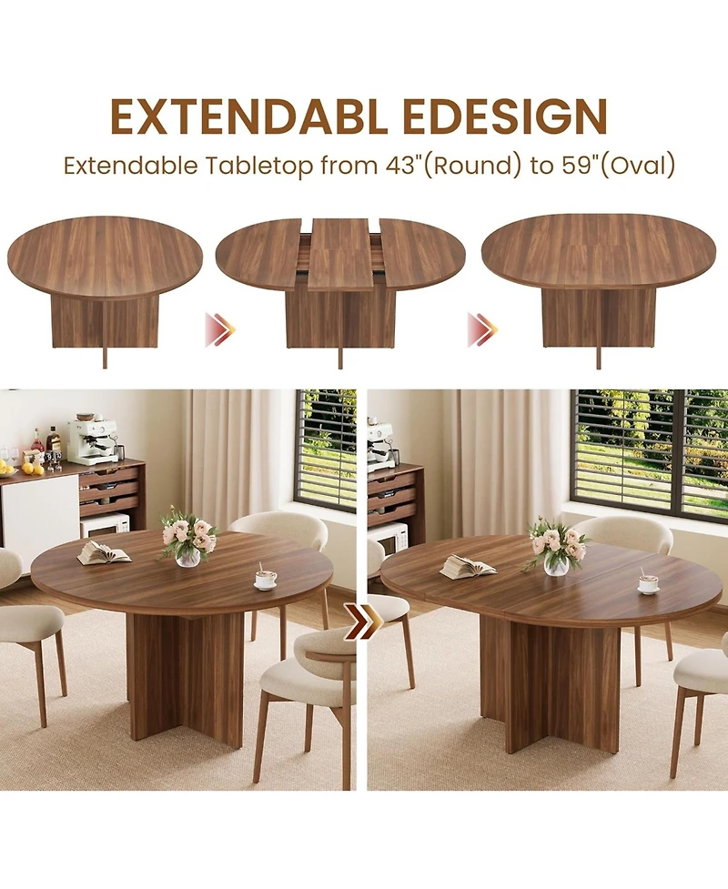 gaomon 43.3"–59" Extendable Round to Oval Hidden Storage Dining Table – Modern Cross Base Design