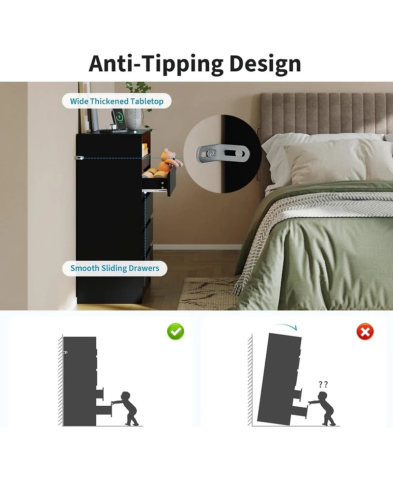 gaomon 4 Drawer Double Dresser with Power Outlet, Accent Chests of Drawers Led Light, Modern White Storage Charging