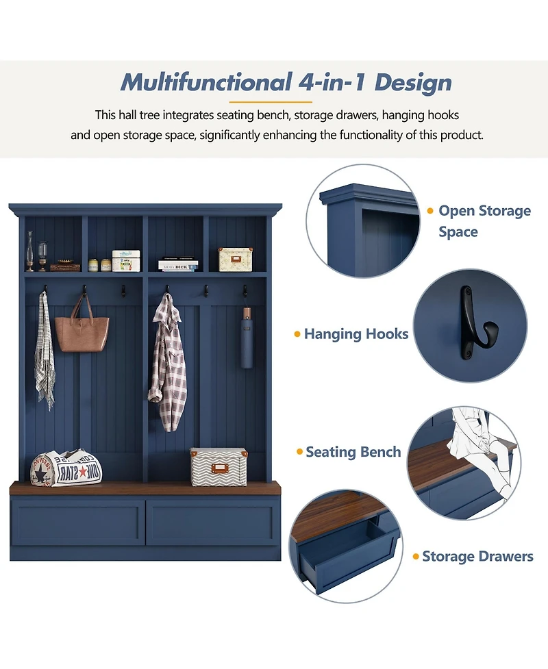 Clihome Farmhouse 4-in-1 Hall Tree with Wood Grain Bench with 2 Large Drawer for Hallway