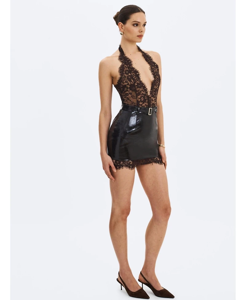 Miss Circle Women's Faris Mahogany Plunging Halter Belted Mini Dress