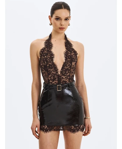 Miss Circle Women's Faris Mahogany Plunging Halter Belted Mini Dress