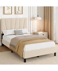 gaomon Bed Frame with Headboard Adjustable, Linen Upholstered Twin Platform Bed with Headboard, Mattress Foundation with Wooden Slats