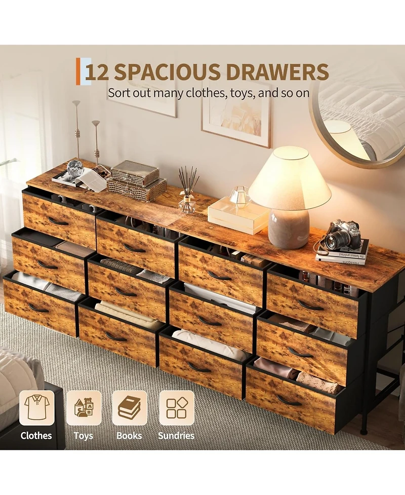 gaomon 70 Inch Dresser for Bedroom, Tv Stand for 65, 75, 80 Inch Tv, 12 Fabric Drawer Long Dresser