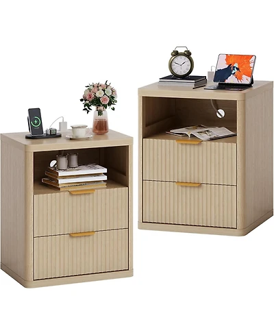 gaomon Fluted Nightstand with Charging Station, Bedside Table with 2 Drawers and Open Storage Space