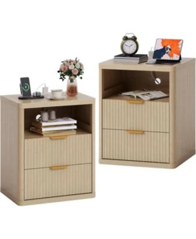 Gaomon Fluted Nightstand With Charging Station Bedside Table With 2 Drawers Open Storage Space